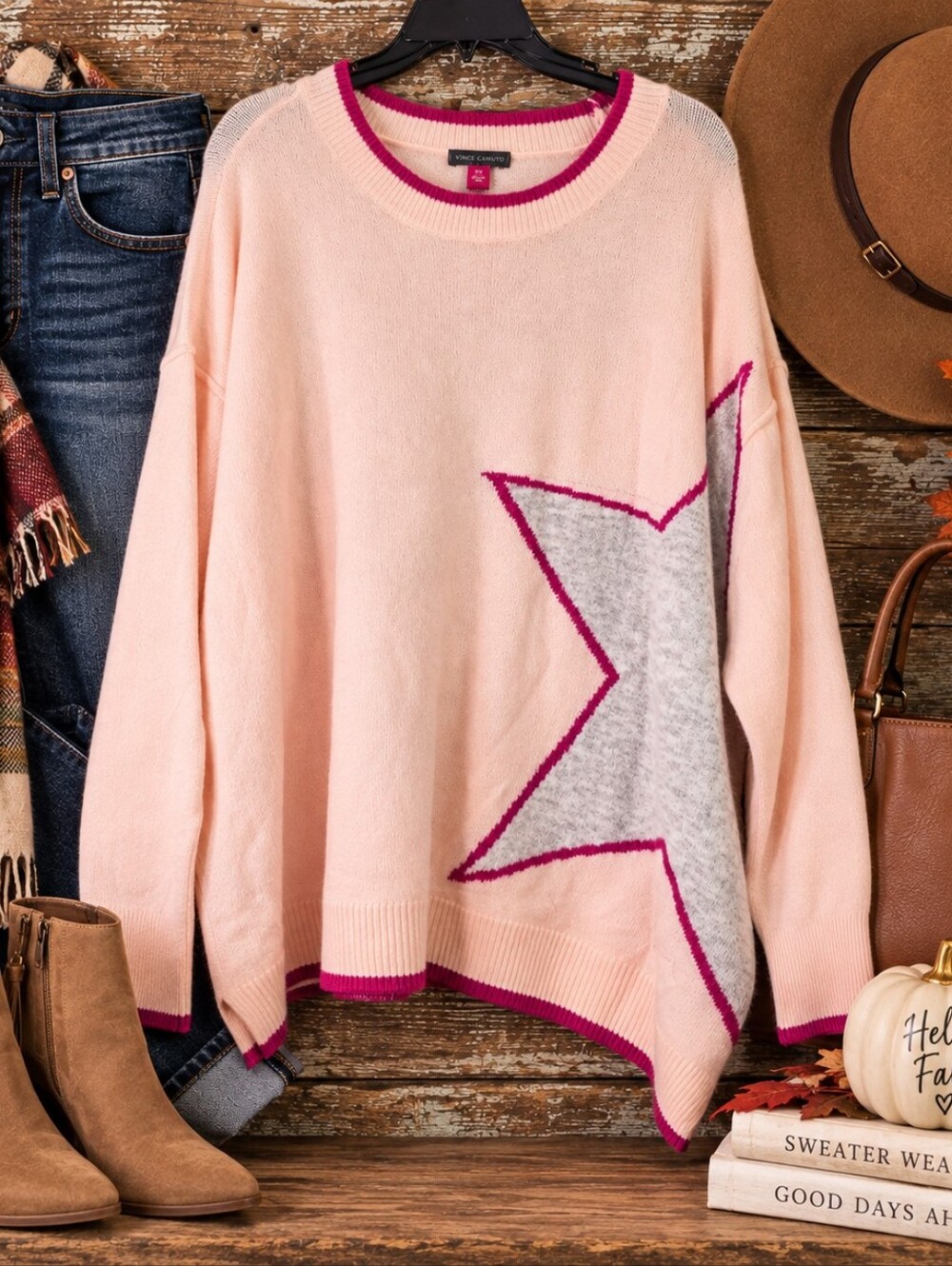 Vince Camuto 2X NWT Pink Star Cozy & Bright Oversized Sweater Plus Size